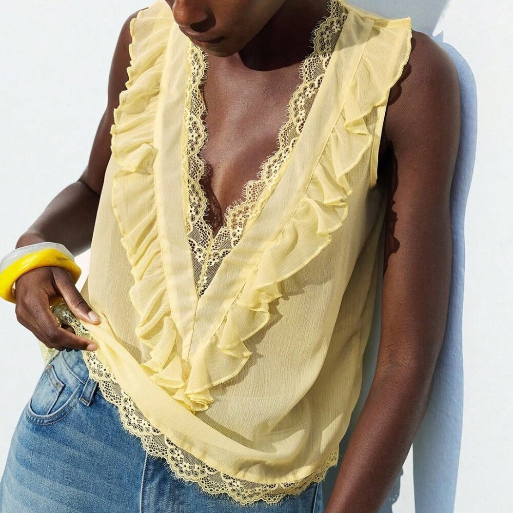 Yellow Casual Women's Lace Deep V Neck Sleeveless Blouse